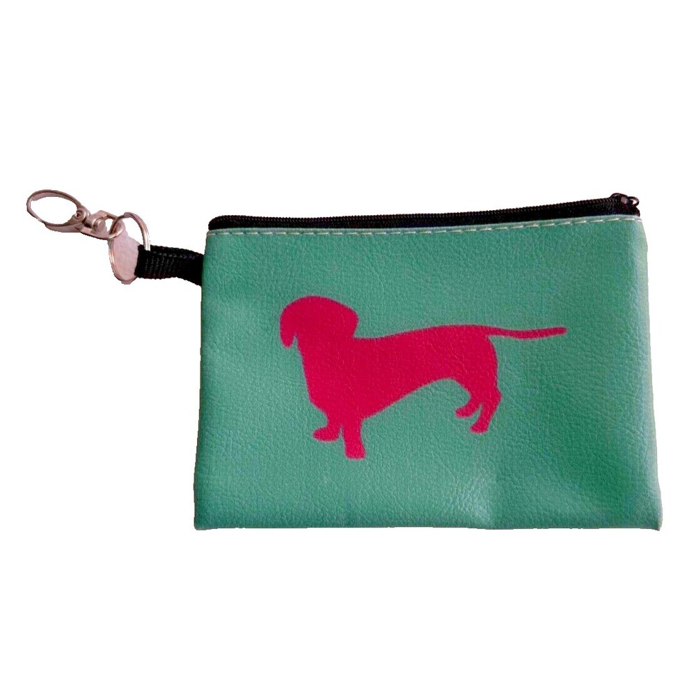 Pink Dachshund Coin Wallet Green Zip Pouch Keychain Wiener Dog Card Case Clip